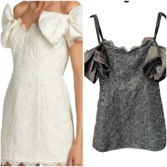 LoveShackFancy Kakena Off-The-Shoulder Beaded Minidress Black Small - Picture 2 of 14